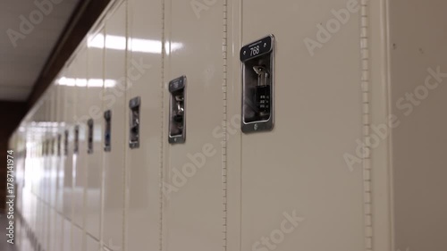 High school lockers in empty hallway - close up