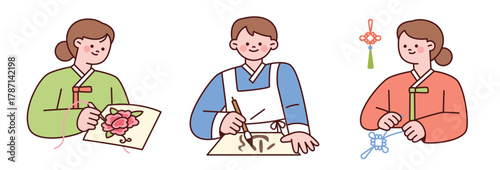 People learning traditional Korean calligraphy, embroidery, and knotting.