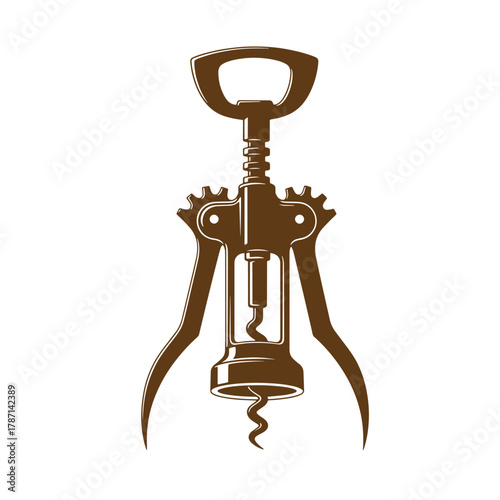 Vintage art illustration of a brown corkscrew wine opener isolated on a white background