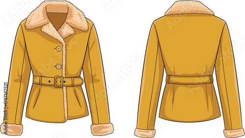 Stylish yellow fur collar jacket front and back view, warm winter fashion coat design template, cozy outerwear vector illustration