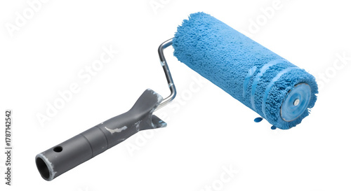 Blue textured paint roller with metal handle on white background