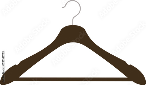Dark wooden hanger isolated on white background, simple clothing holder, minimalist wardrobe accessory, home organization, modern closet storage concept design.