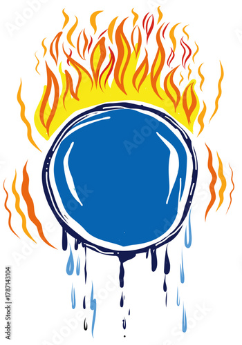A cartoon illustration of the world on fire and slowly melting away. Bold and graphic style. Flames from the top. Melting droplets at the bottom.