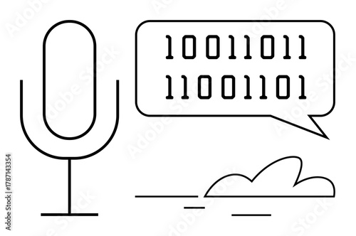 Large microphone and speech bubble with binary code, representing voice-to-data processing. Ideal for AI, technology, communication, sound processing, speech recognition, innovation, simple flat