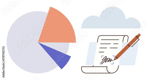 Pie chart alongside a document with a pen, illustrating data organization, analysis, statistics, contracts, agreements, decision-making, digital files cloud storage. Ideal for reports and simple