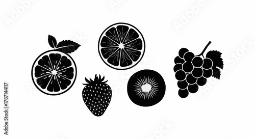 Assortment of Fresh Fruits - Orange, Strawberry, Kiwi, and Grapes.
