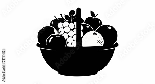 Black and white illustration of a fruit basket filled with various fruits.
