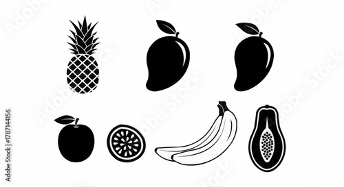 Collection of Silhouetted Tropical Fruits and Citrus Slice.