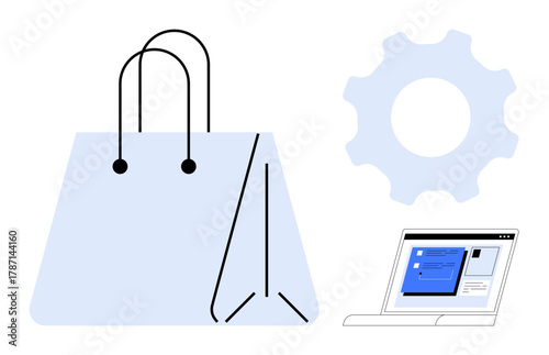 Shopping bag, gear, and open laptop displaying website interface highlight online shopping, platform settings, and e-commerce solutions. Ideal for retail, technology, marketing, business tools