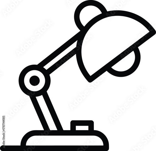 Modern desk lamp line art illustration, minimalist office lighting concept, adjustable reading light icon, black and white vector design