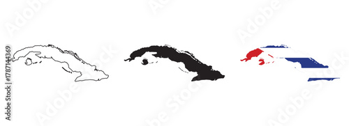 Cuba map vector with editable country outline, black silhouette and national flag featuring blue stripes, white star and red triangle for geography, education, travel, culture and Caribbean