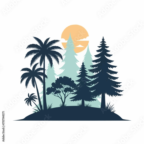 Diverse Forest Landscape with Palm Trees and Evergreen Conifers.