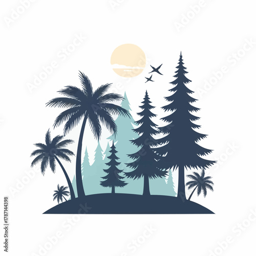 Tropical and Evergreen Trees with Airplanes Silhouette Illustration.
