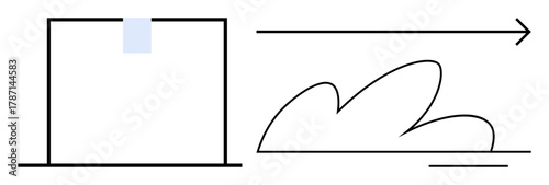 Geometric box with upward arrow and flowing cloud shape suggesting motion, direction, and innovation. Ideal for progress, movement, journey, energy, minimalism concepts and strategy. Clean flat