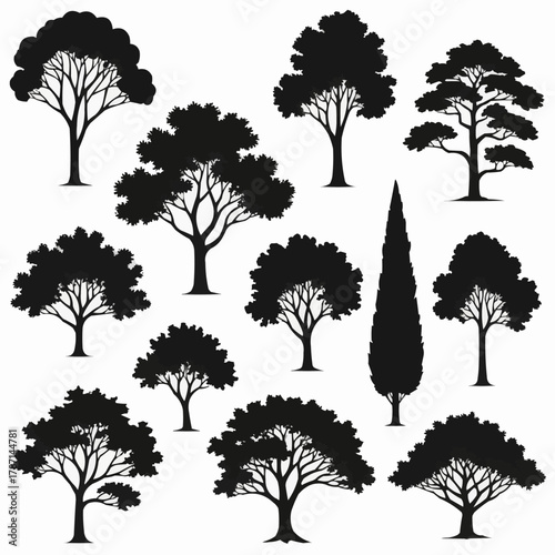 Collection of Diverse Tree Silhouettes for Design Projects.