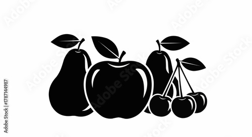 Black Silhouette of Assorted Fruits Including Apple Pear and Cherries.