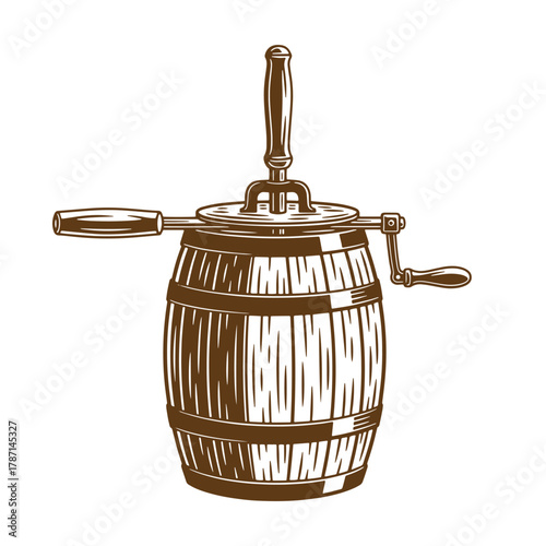 Vintage art illustration of a wooden butter churn used for traditional butter making