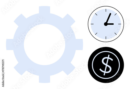 Large gear symbol paired with clock and dollar sign. Ideal for productivity, time management, efficiency, business operations, cost analysis, workflow, financial planning. Simple flat metaphor