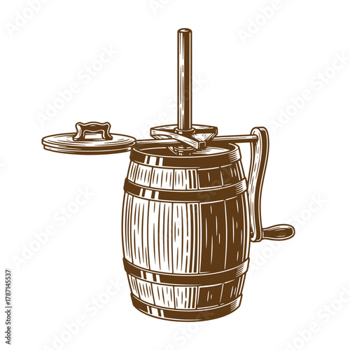 Vintage butter churn illustration showing antique wooden barrel with handle and lid