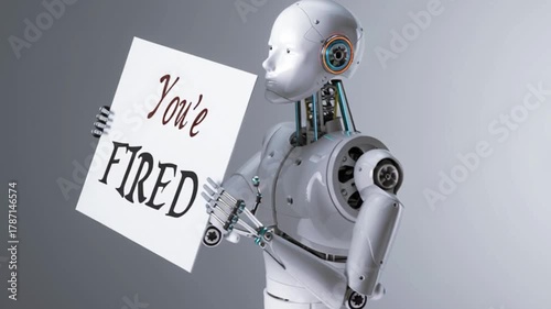 4k footage humanoid robot holding sign youre fired, artificial intelligence automation replacing human jobs concept, ai job loss unemployment crisis, futuristic machine with signboard message technolo