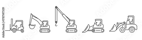 Construction machinery icons. Excavator, bulldozer, crane, forklift, wheel loader.
