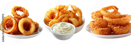 Three plates showcasing crispy onion rings with a dipping sauce; offering a delicious appetizer visual