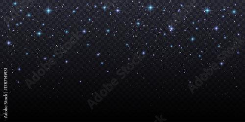 Night sky background with light transparent texture. Black magic galaxy with dust of shiny sparkles. Abstract purple and blue glitter and twinkles. Celestial dusk vector backdrop