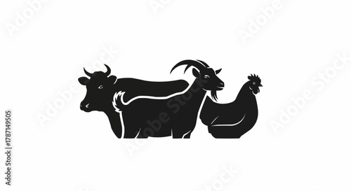 Black silhouettes of farm animals cow goat and chicken.