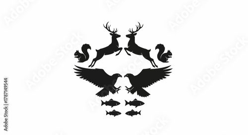 Symmetrical Black Silhouettes of Forest and River Animals.