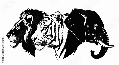 Powerful Trio of Wild Animals Lion Tiger Elephant Heads Black and White Illustration.
