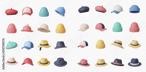 A diverse collection of 3D rendered hats and caps in various styles, colors, and angles, including beanies, berets, baseball caps, and fedoras, against a transparent background.