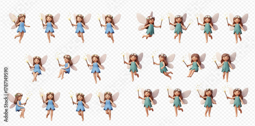 Set of adorable cartoon fairy characters with brown hair, wings, and magic wands, depicted in various poses and dress colors.