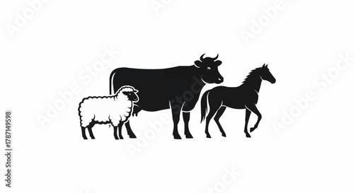 Farm animals silhouette cow sheep horse standing together.