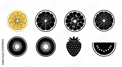 Assortment of Fresh Fruit Slices and Whole Fruits.