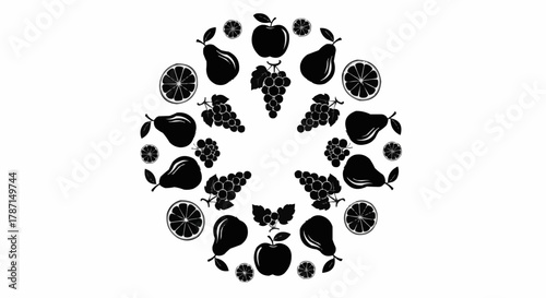 Circular arrangement of black fruit silhouettes on a white background.