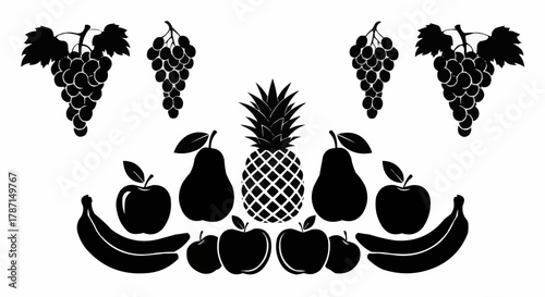 Symmetrical arrangement of various fruit silhouettes in black.