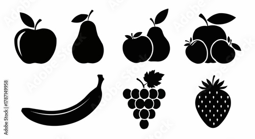 Collection of Silhouetted Fruits and Berries Isolated on White Background.