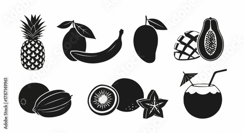 Collection of Tropical Fruits and Coconut Drink Icons.