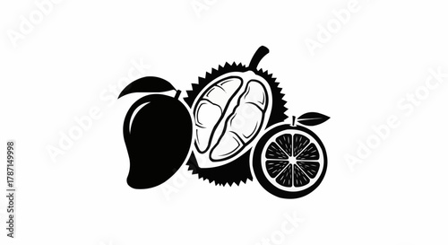 Mango, Durian, and Orange Fruit Still Life Illustration.