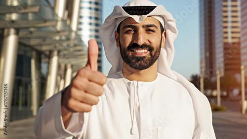 Confident Arab Businessman in Traditional Attire Gives Thumbs Up in a Modern Cityscape.