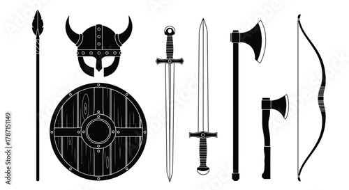 Explore viking weaponry like axes, swords, spears, bows and helmets