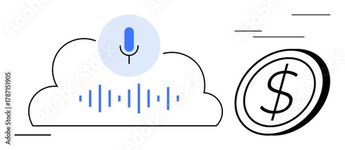 Blue microphone, audio waveform in a cloud, and a dollar coin. Ideal for voice technology, cloud computing, finance, digital service, innovation, sound monetization simple flat metaphor