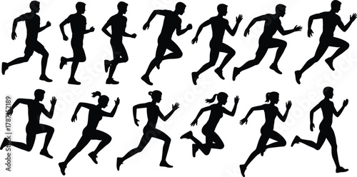 Silhouette running poses, male and female athletes, dynamic motion, sports biomechanics, black vector figures, cad drawing flat vector illustration