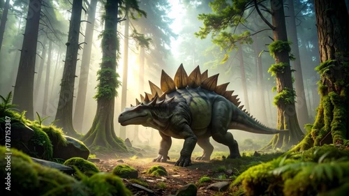 Majestic Stegosaurus Dinosaur Walking Through a Prehistoric Forest.