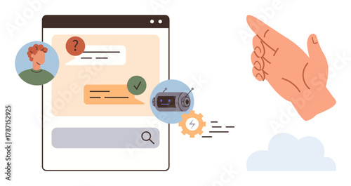 AI answering chat screen with message bubbles, bot icon, gear motion, hand gesture, and search bar. Ideal for customer support, automation, technology, communication teamwork AI tools simple flat