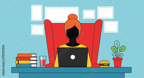 Professional woman working on laptop from home office with burger