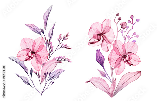Watercolor floral bouquets. Abstract transparent orchids, branches and leaves in dusty pink and purple. Isolated hand drawn botanical illustration for wedding design, stationery card print
