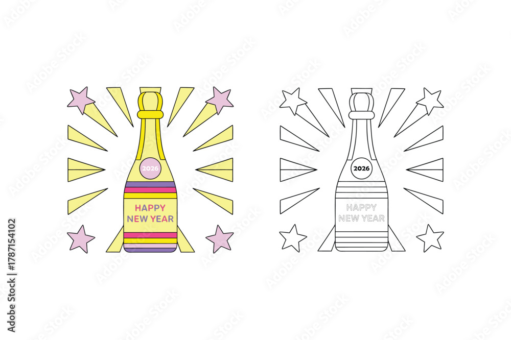 Fototapeta premium Happy New Year 2026 champagne celebration cartoon Vector style