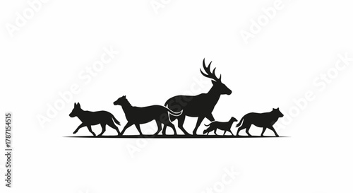 Silhouette of a deer family with wolves walking together.
