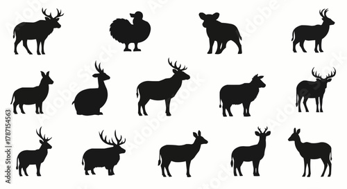 Silhouettes of Various Animals - Deer, Sheep, and Rooster.